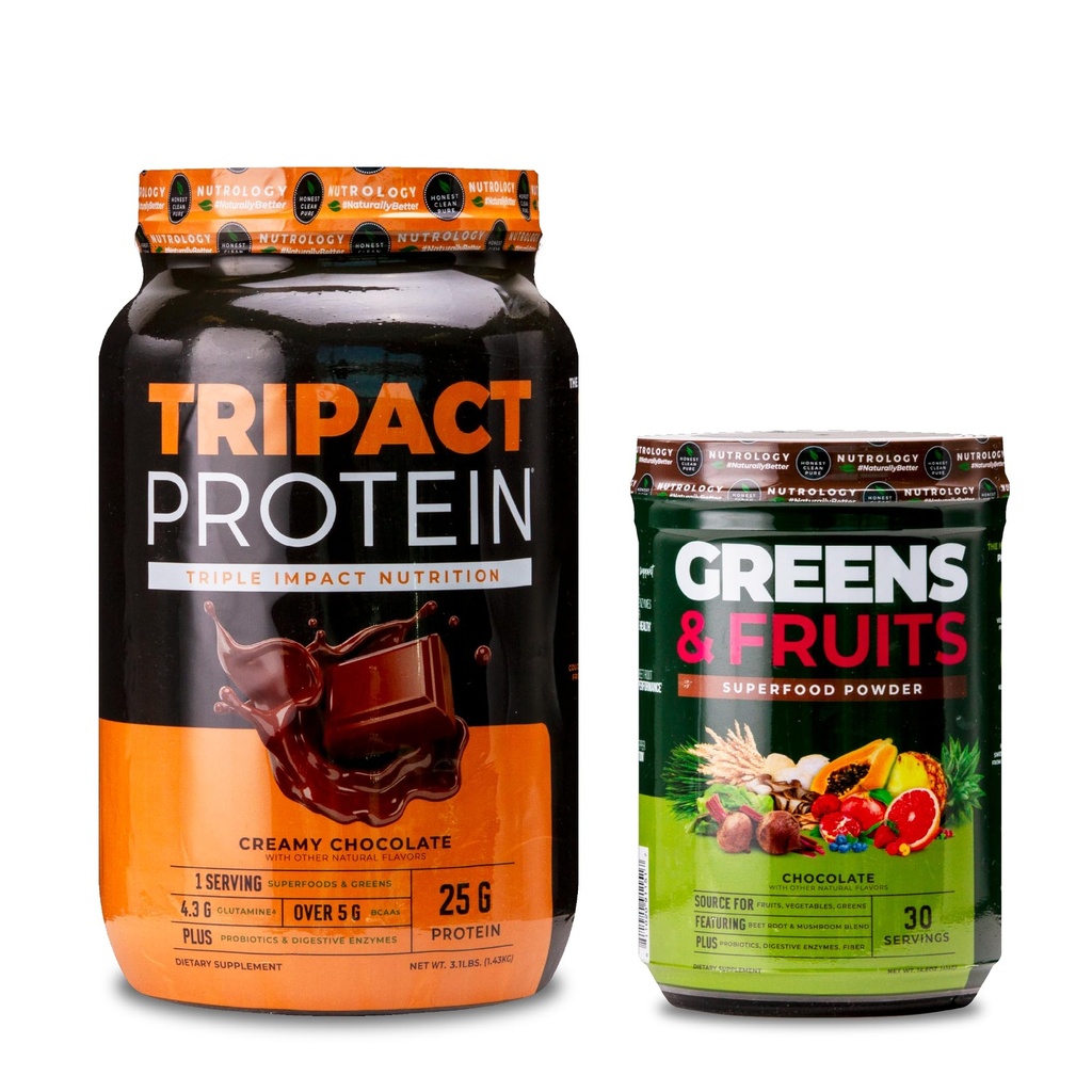 Nutrologia TRIPACT Protein Powder, 7-in-1 Meal Sostituzione Shake, Cioccolato Cremoso (40 Serve) Verdi & Frutta Polvere-Naturally Sorgente Superfood, Cioccolato (30 Serve)