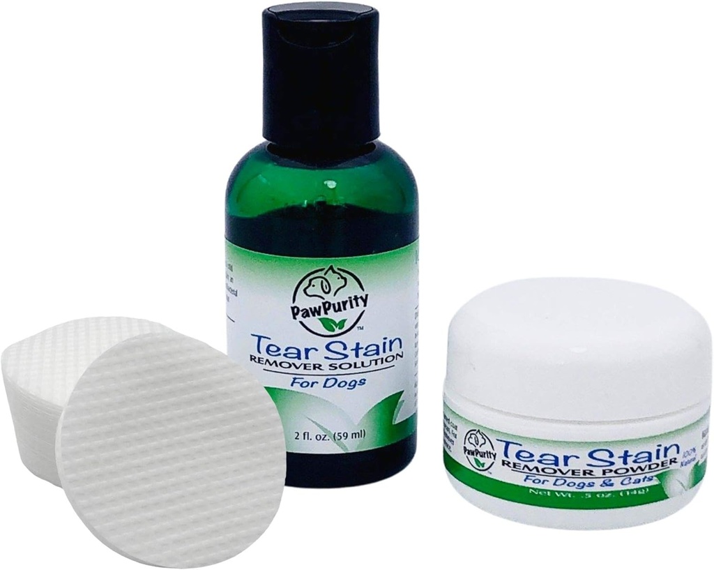 PawPurity Tear Stain Remover Starter Kit per cani | Include Tear Stain Remover Solution 2 oz, Powder .5oz e 30 Application Pads | 100% Natural | Removal prende circa 7-10 giorni (30-45 giorni di fornitura)