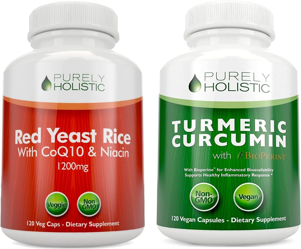 Riso di lievito rosso 1200mg & Niacin + Curcumina di curcuma erboristica organica 700mg & Bioperine che fornisce 95% Curcuminoidi - 240 capsule vegetariane