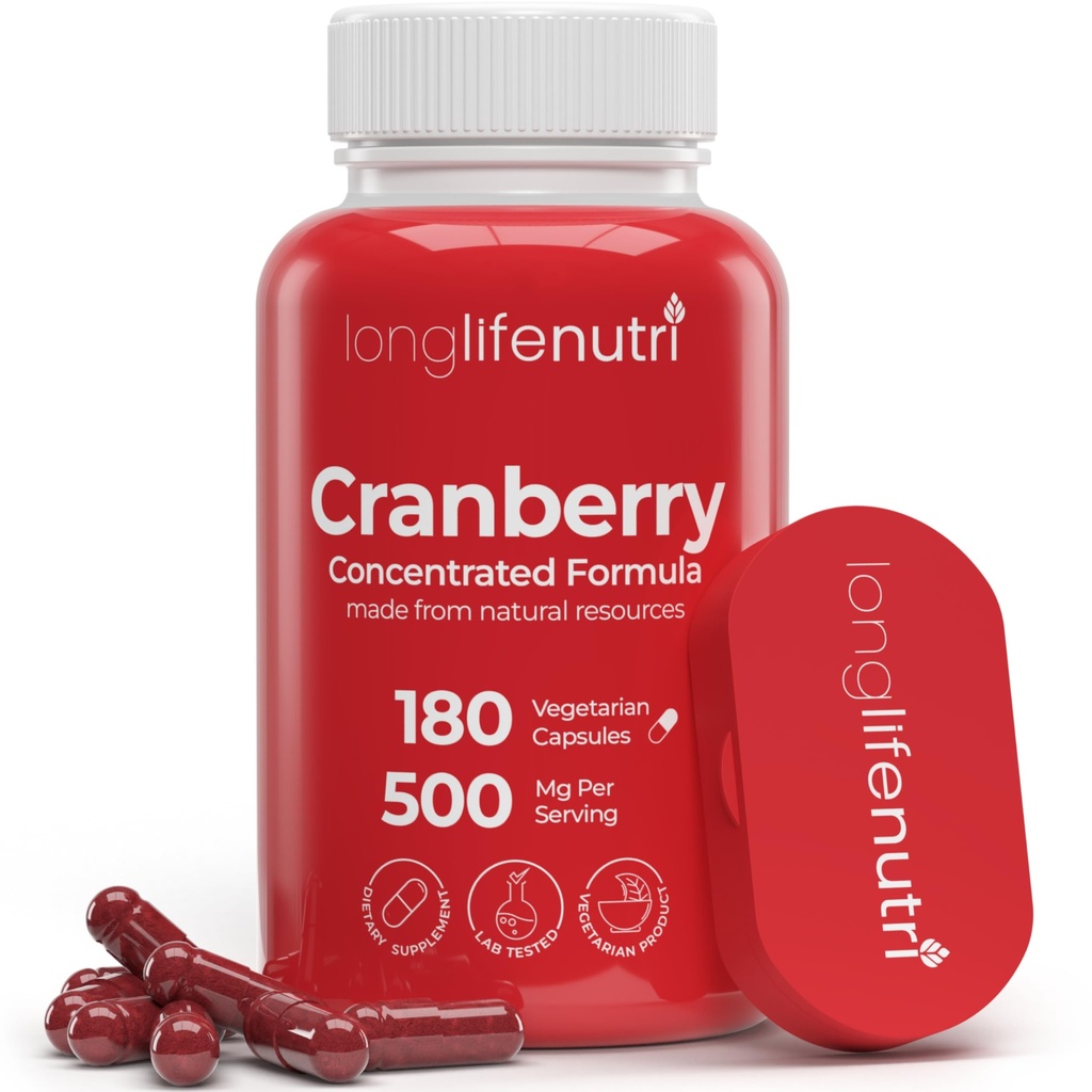 Estratto di mirtillo di LongLifeNutri con vitamina C & E - Formula concentrata pura, 500 mg per porzione, 180 capsule vegetariane, salute del tratto urinario e vescica, 6 mesi di fornitura, Made in USA