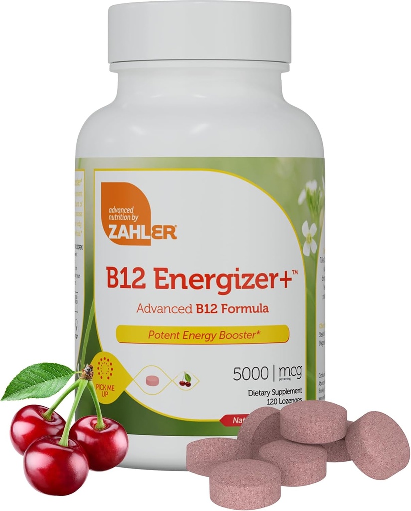 Zahler Energizer+ Vitamina B12-5000 mcg Vitamina B12 - Natural Cherry Flavor Desolvable Lozenges - Kosher Gluten Free Non-GMO B12 Vitamine 5000 mcg, Energy Boost, Made in USA (120 Count)