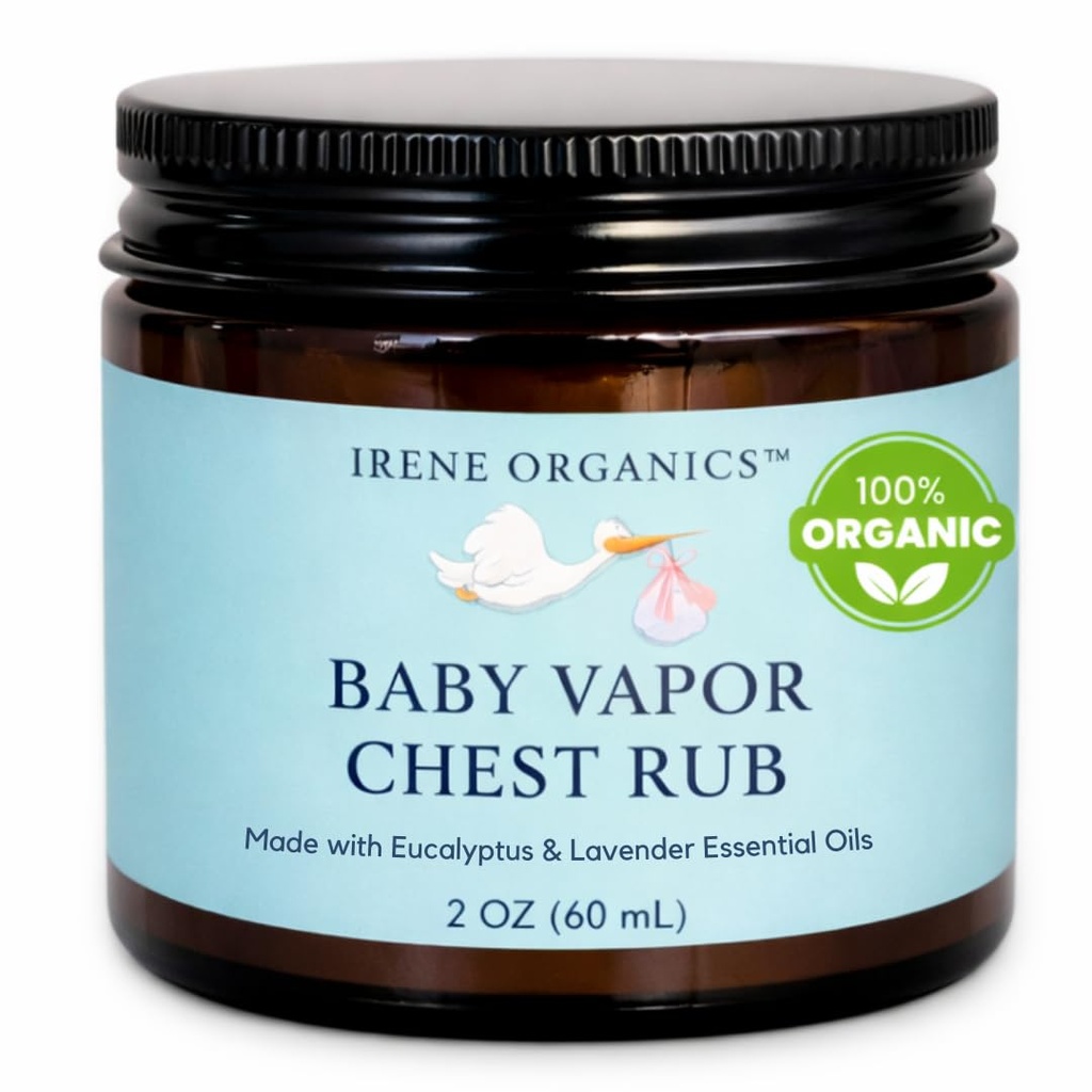 Irene Organics Baby Vapor Chest Rub Clean Vapo Rub Realizzato con ingredienti non tossici come Eucalyptus Essential Oils, sicuro per tutte le età, neonati e neonati, bambini malati Essentials