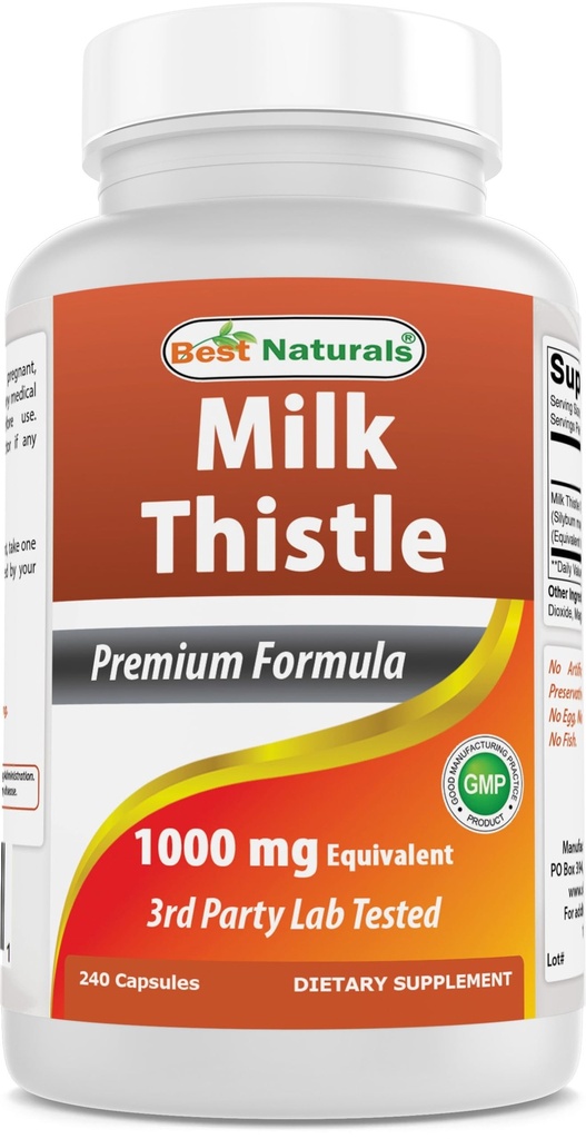 Best Naturals Milk Thistle Extract 1000mg Equivalent - 240 Capsules - Non OGM & Gluten Free (240 Conta (Pacchetto di 1))