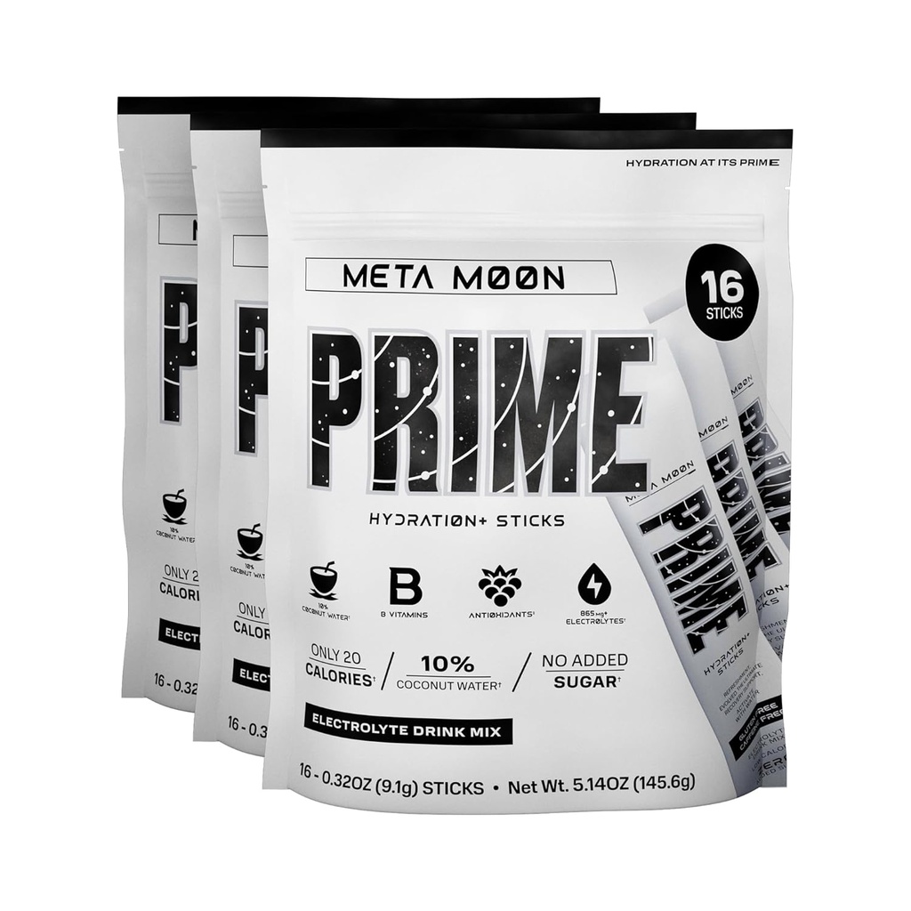 PRIME HYDRATION+ Bastoncini META Moon | Polvere di idratazione Singola Serve Sticks | Polvere di elettrolita sul Go | 250mg BCAAs, B Vitamins, Antiossidanti | Basso zucchero | Caffeina-Free | Vegan | 48 Sticks