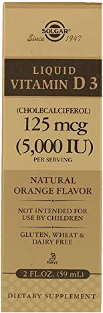 Solgar Liquid Vitamina D3 125 mcg (5,000 IU) - 2 fl oz - Delizioso, Natural Orange Flavor - Aiuta a mantenere le ossa sane e denti - Supporto di sistema immunitario - Gluten Free, Dairy Free, Kosher - 59 Servings