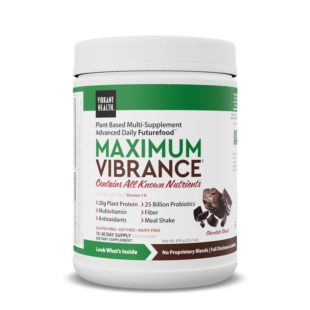 Vibrante Salute, Vibranza massima, Agitazione completa Vegan Meal con Proteine Basate sulle piante, Cioccolato Coperto, 15 Serve