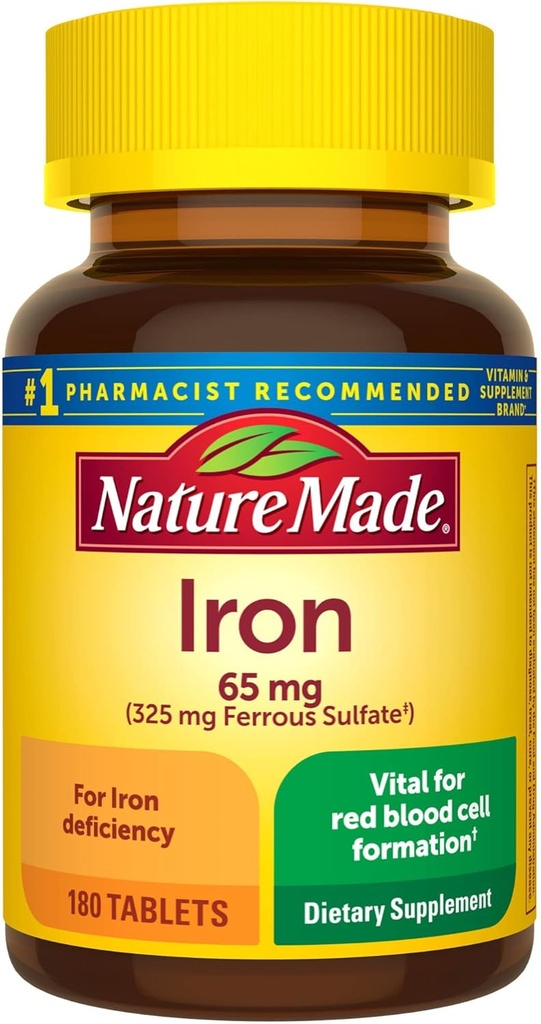 Nature Made Iron 65 mg (325 mg Ferrous Sulfate) Integratore alimentare per il supporto delle cellule del sangue rosso 180 compresse (Pack of 1)?