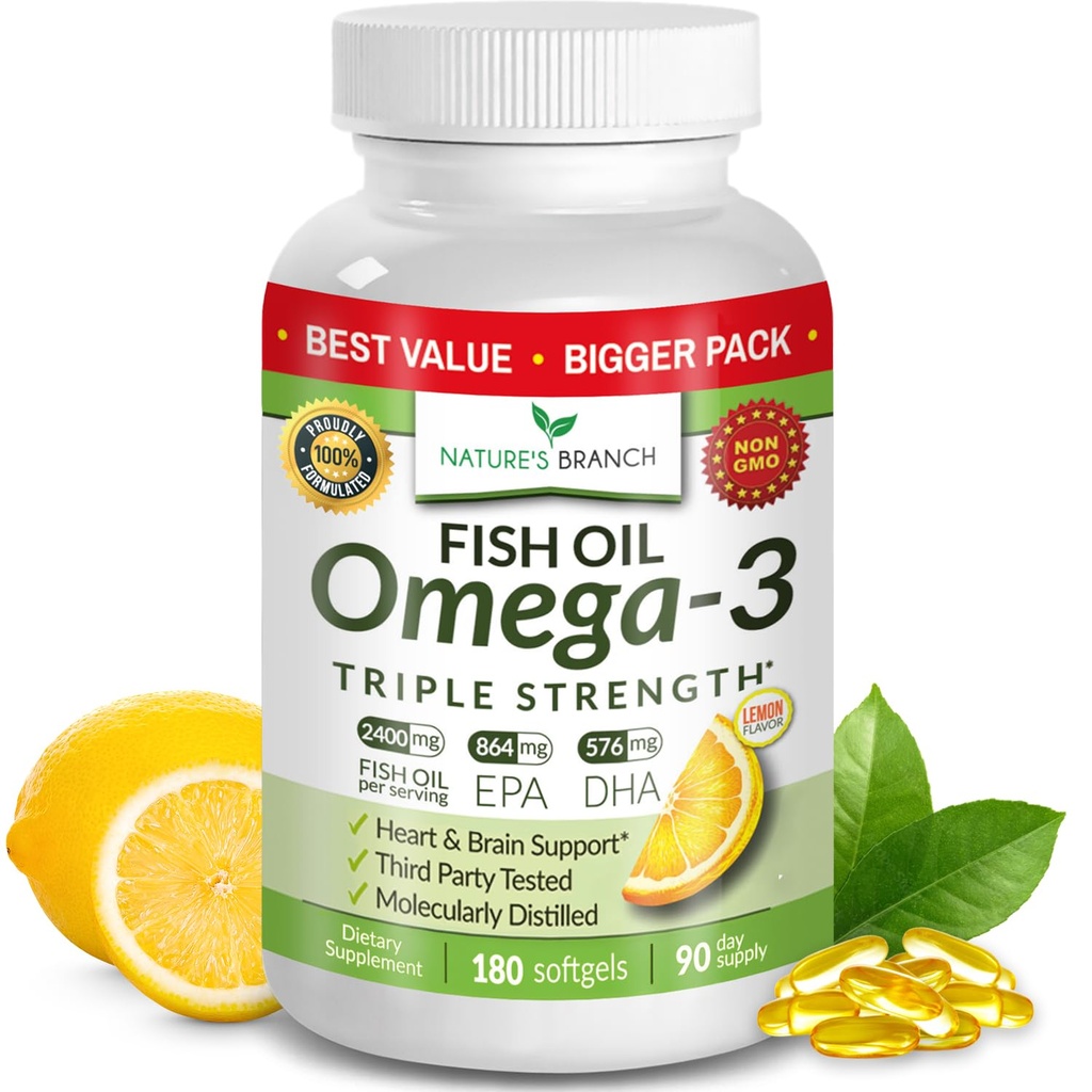 Migliore tripla resistenza Omega 3 Fish Oil Pills - 180 capsule - 2400mg ad alta potenza Burpless Lemon Flavor 864mg EPA 576mg DHA Ultra Pure Liquid Softgels per le articolazioni cerebrali Occhi Heart Health Supplement
