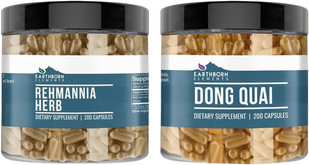 Elementi terrestri Rehmannia Herb e Dong Quai Bundle, 200 capsule ciascuno, puro e diluito, senza additivi