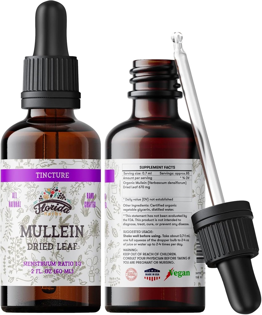 Estratto di tintura di Mullein, Mullein Organico (Verbascum densiflorum) Integratore di erbe della foglia secca nella glicerina vegetale a freddo 670 mg