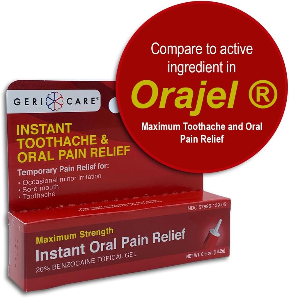 GeriCare Benzocaine 20% Massima resistenza Toothache & Oral Instant Pain Relief Gel 0.5 oz. Trattamento del dolore da intorpidimento rapido per Toothaches, Gum Irritation, Sensitivity & Mouth Sores, (Pack of 1)