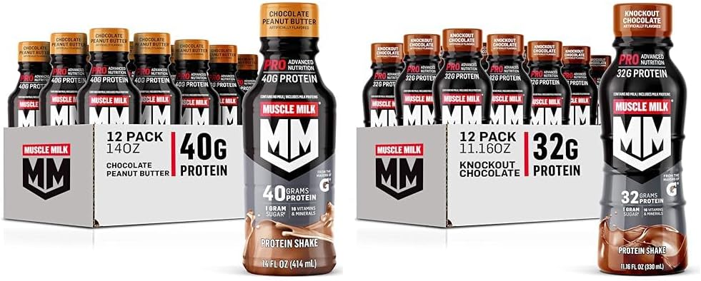 Muscle Milk Pro Series Chocolate Peanut Butter Protein Shake 40g Protein Pack di 12 & Pro Advanced Nutrition Knockout Chocolate Protein Shake 32g Protein Pack di 12