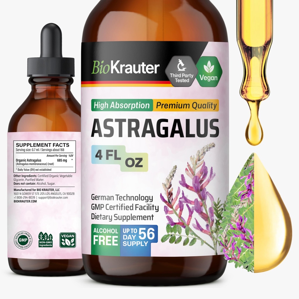 BIO KRAUTER Astragalus Tincture - Estratto di radice di Astragalus per il supporto immunitario - Alcol e Sugar Free - ad alto assorbimento - Vegan Drops 4 Fl.Oz.
