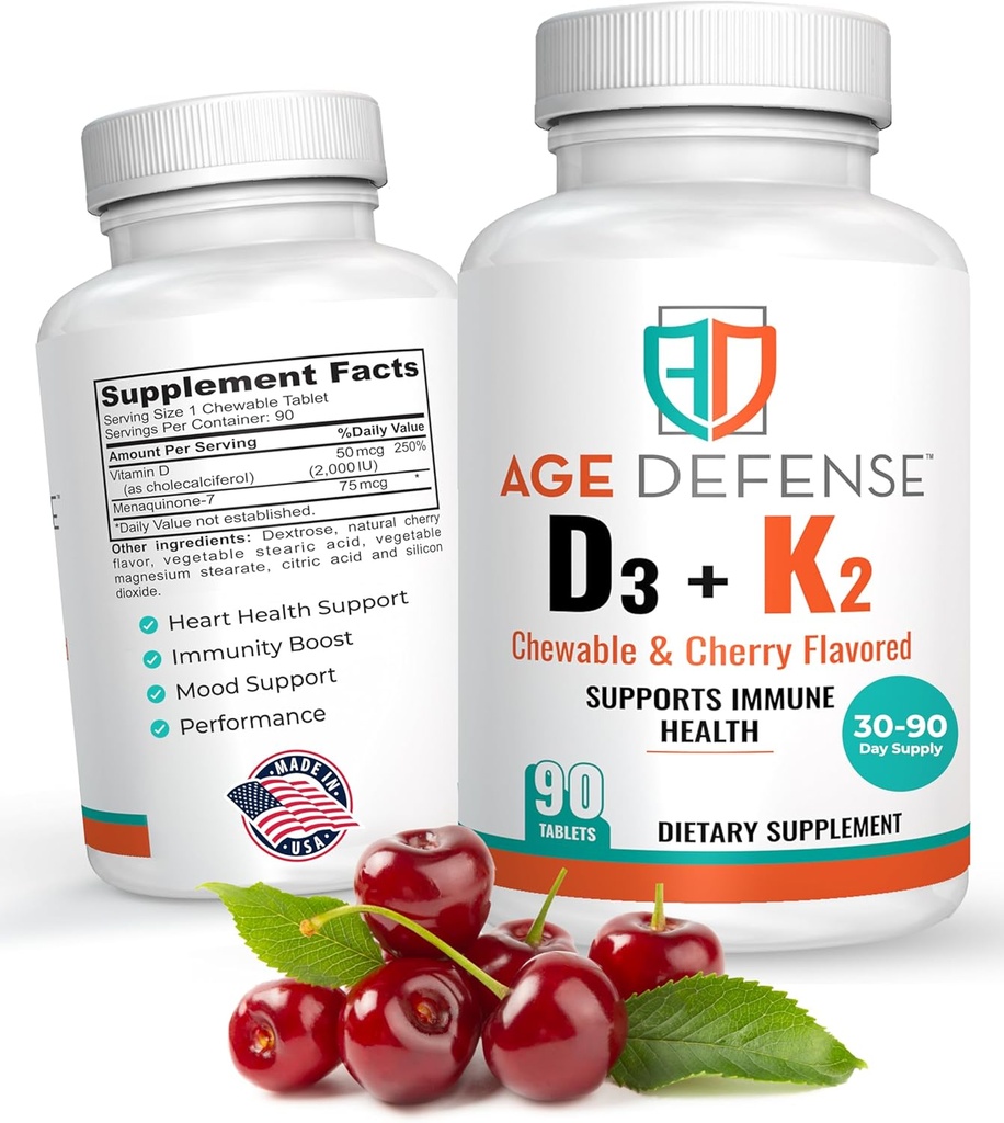 Vitamina D3 2000 IU con K2-90 Chewable Tablets con Cherry Flavoring-Natural Energy Booster-Supports Vitality, Immune Health, &amp; Totale Benessere-Vitamina D3 con Vitamina K2 per Uomini & Donne