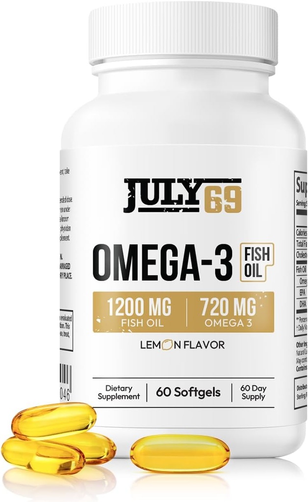Omega 3 Fish Oil - 1200 MG Fish Oil, 720 MG Omega 3, Limone Flavor, 60 Softgels, Natural EPA-DHA Softgels per la forza e la salute, Alta potenza, Supporto per le donne e gli uomini