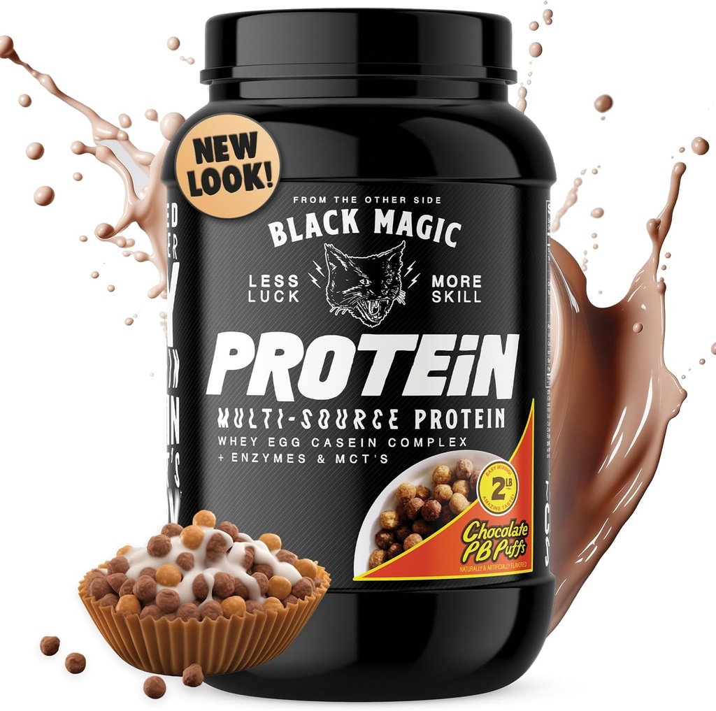 Black Magic Protein Powder - Whey, Egg, and Casein Complex with Enzymes & MCT Powder - Pre Workout e Post Workout - Nuovo Look- Famous Chocolate Peanut Butter Puffs - 24g Protein - 2 LB