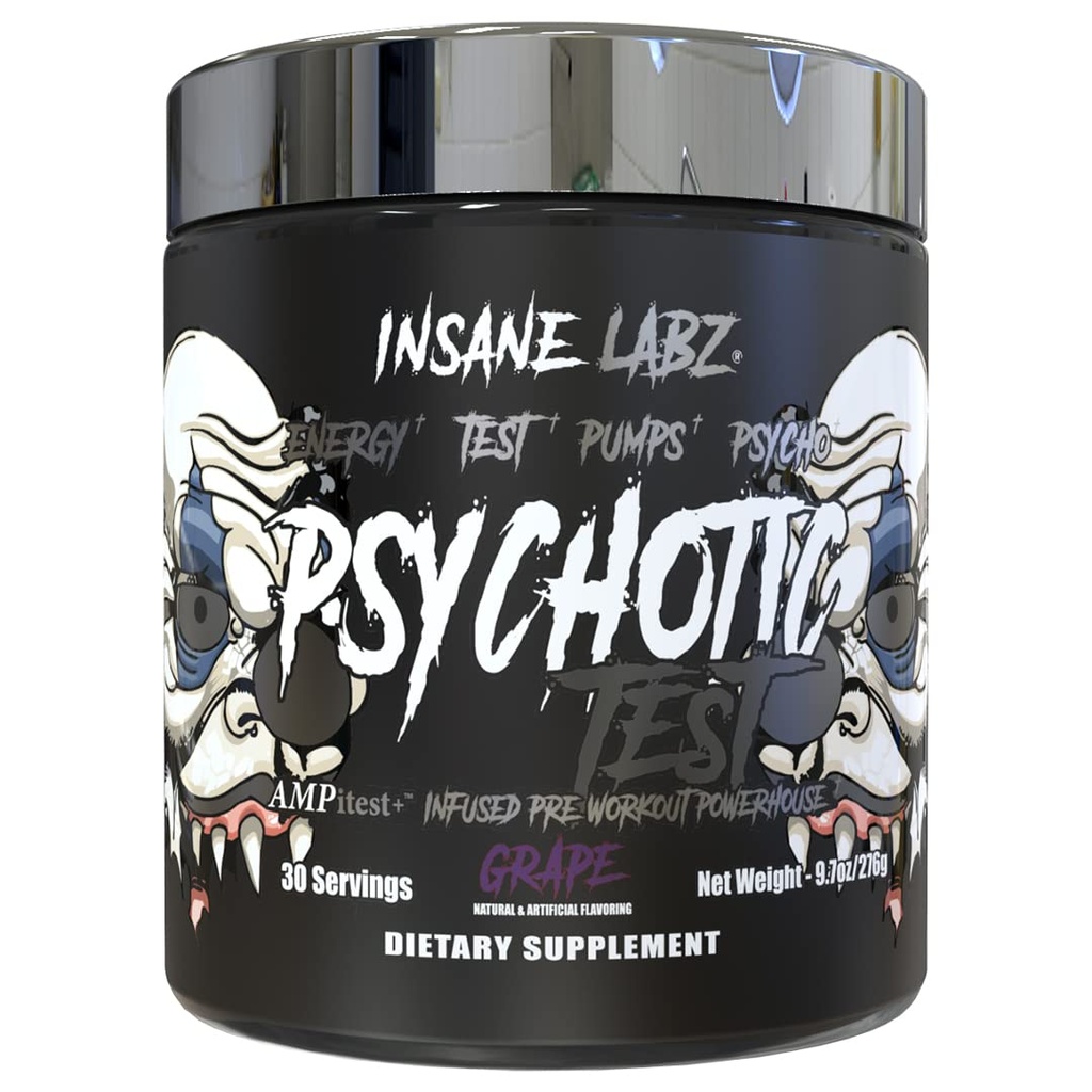 Insane Labz Test psicotico, alta energia del testosterone e pompa che migliorano la polvere di pre-allenamento con DMAE Bitartrate, D acido aspartico, creatina HCL e monostearato del glicerolo, 30 Serve, Uva