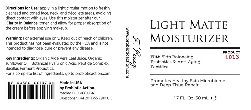 Probiotic Action® Light Matte Moisturizer - Probiotico aiutano a prevenire Acne, Rosacea ed Eczema. Il Probiotico e il Peptide mantiene la lucentezza, morbidezza e tenuta della pelle chiara.