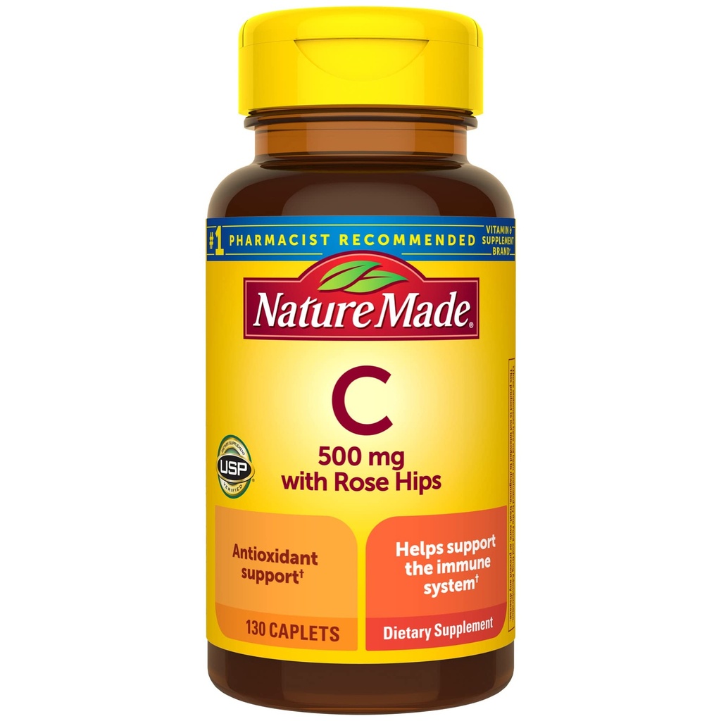 Natura fatta vitamina C 500 mg con Rose Hips, Integratore alimentare per il supporto immunitario, 130 Caplets, 130 Day Supply