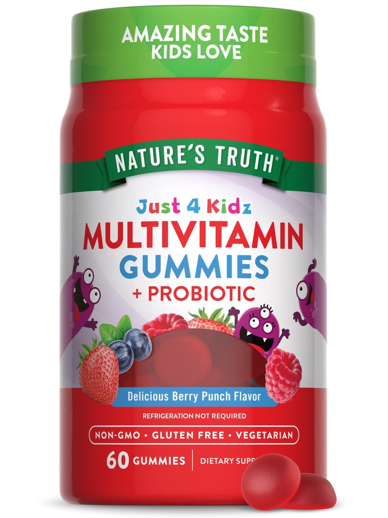 Verità della natura Bambini Multivitamina Gummies con Probiotici | 60 Conte | Pugno di bacche Flavor | Vegetariano, Non OGM e Gluten Supplemento gratuito