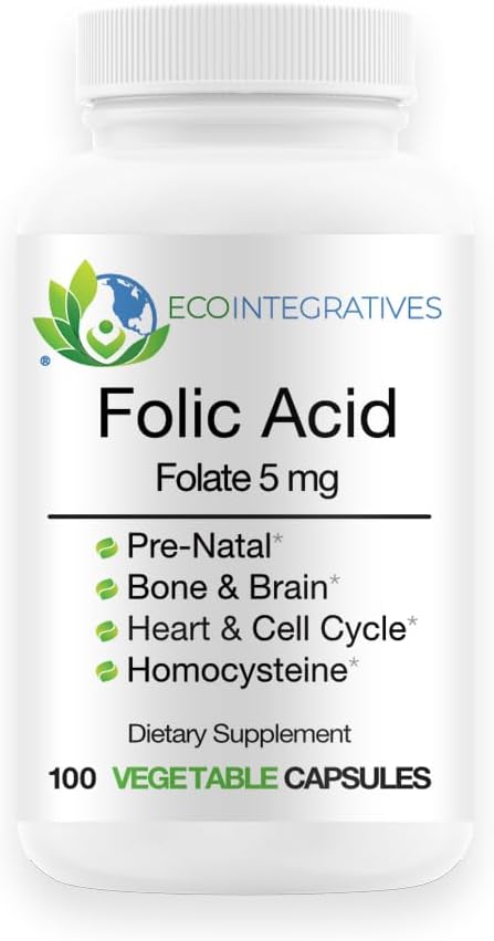 Acido Folico Folate 5mg (B9) Prenatale, Salute riproduttiva, Omocisteina, Metabolismo, Cardiovascolare, Bone, Supporto immunitario, Allergeni Libero, Non OGM - 100 capsule vegane