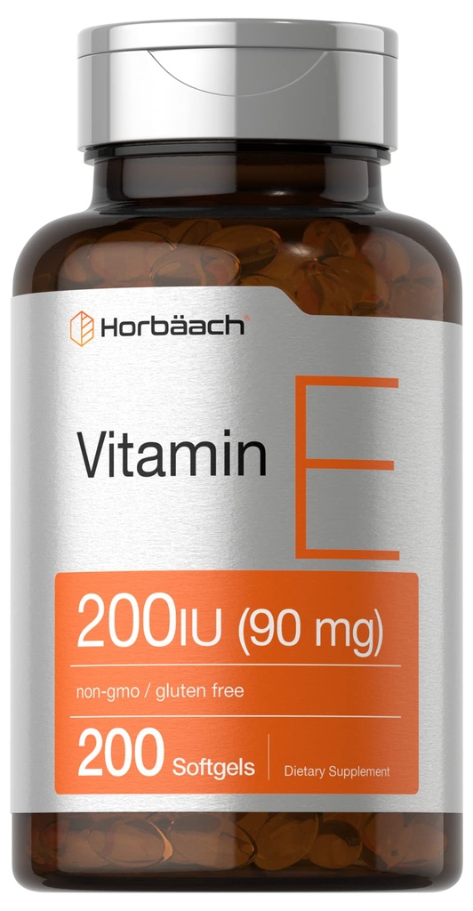 Horbäach Vitamin E Softgel Capsule 200 IU | 90 mg Supplemento | 200 Conta | Non OGM e Gluten Formula gratuita