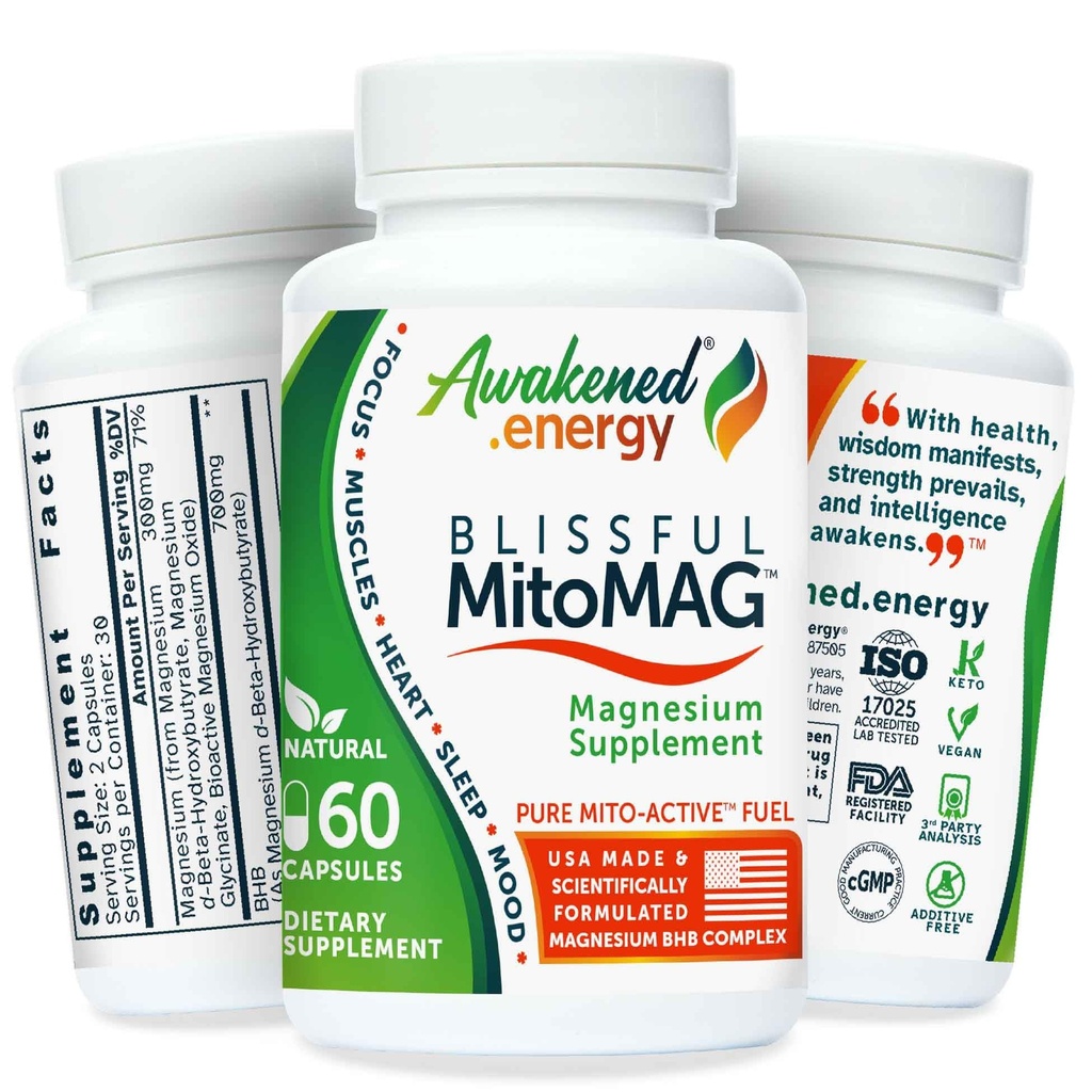 Blissful MitoMag – 300mg Complesso di Magnesio Elementale: Mg Glycinate, Mg BHB - Muscoli a Sonno Mood Energy Cognitive Focus Calm – Tutto Naturale, USA Made, Senza Additivi – 60 Vegan Capsule Supplemento