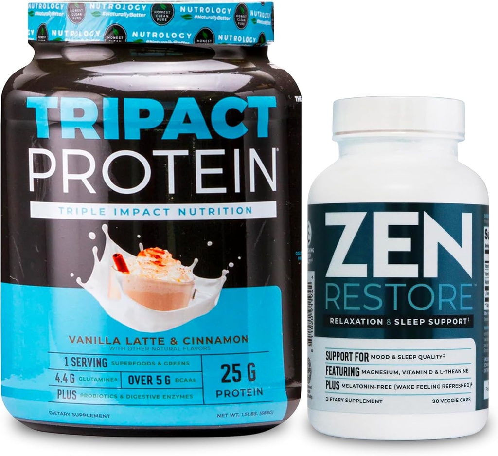 Nutrologia TRIPACT Protein Powder, 7-in-1 Meal Sostituzione Shake, Vanilla Latte Cinnamon Flavor (20 Serve) Zen Natural Magnesium Supplement (30 Serve)
