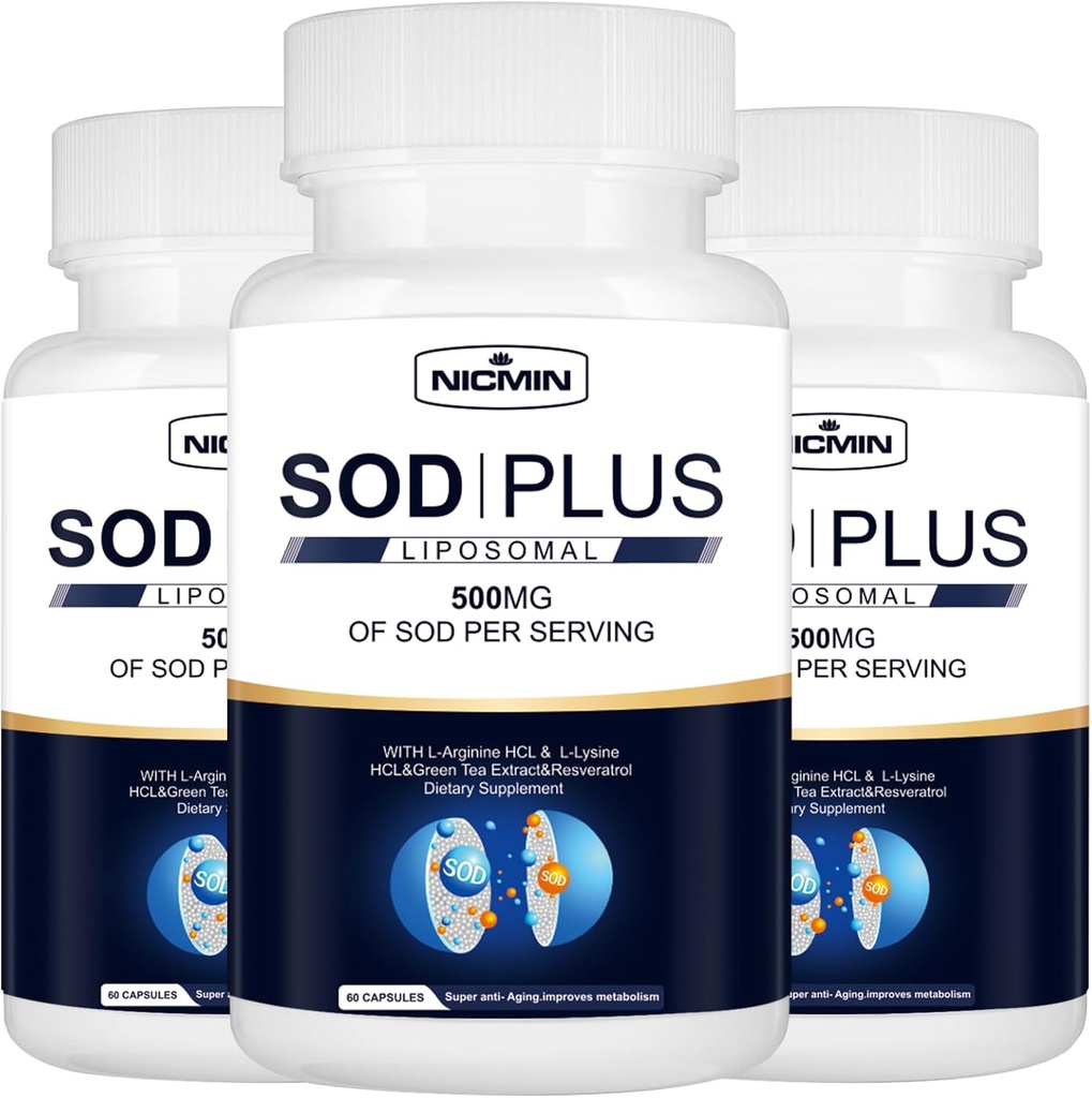 Superossido dismutasi Supplemento 500mg - SOD Plus con Glutathione Liposomal, AKG, Estratto di tè verde, L-Arginina, Lisina, Resveratrolo e vitamina E per il supporto immunitario, Antiossidante 180 capsule