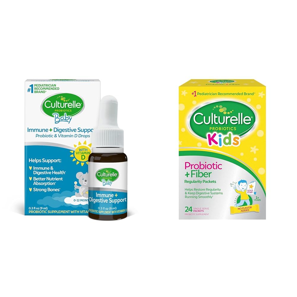 Culturelle Baby Immune & Digestive Support Probiotico + Vitamina D Gocce, 30 giorni Fornitura Bambini Probiotici + Fibra Imballaggi, 24 Conte