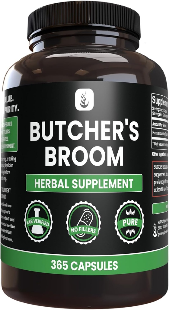 Ingredienti originali puri Broom di macellaio (365 capsule), nessun filler di magnesio o di riso, sempre puro, verificato il laboratorio