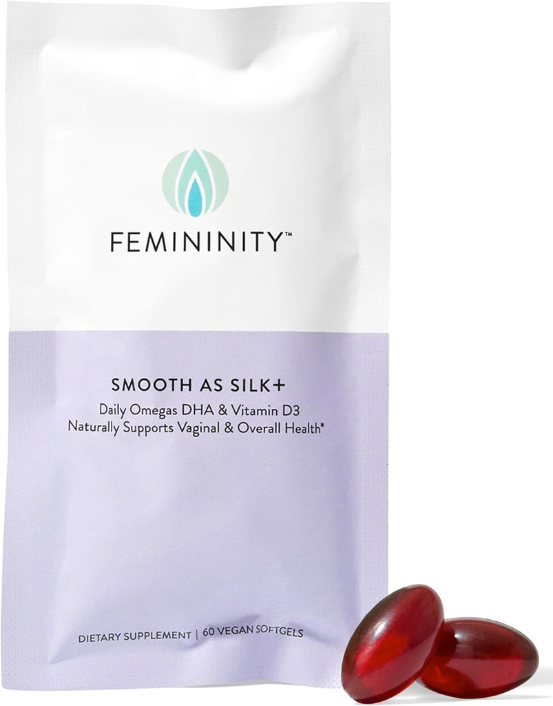 Liscio di femminilità come seta+ 30 giorni di ricarica per la secchezza vaginale (60 Softgels) – miscela di olio di secchione marino, vitamina D3 e DHA basato su piante Omega-3