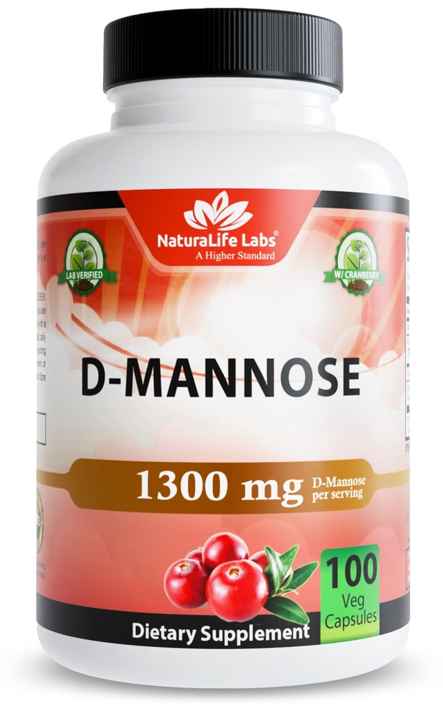 NaturaLife Labs Organic D-Mannose 1300 mg con estratto di mirtillo biologico 100 mg per porzione – 100 capsule – Non OGM, Senza glutine, Vegan