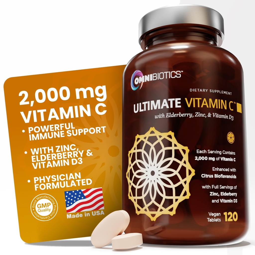 OmniBiotics Ultimate Vitamin C Supplemento 2000mg – con zinco, estratto di sambuco, e D3 – Supporto immunitario ad alta potenza & collagene Booster – 120 compresse vegane