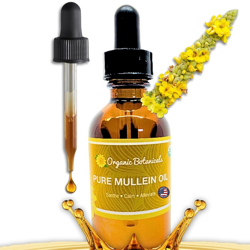 Olio di Mullein Organico Puro - Gocce di olio organico di Mullein Ear - Soluzione naturale per la cura dell'orecchio per gli Earaches, Tinnito e Bambini - Liquido di estratto di Mulleina di erbe per il sollievo rilassante (2 oz)