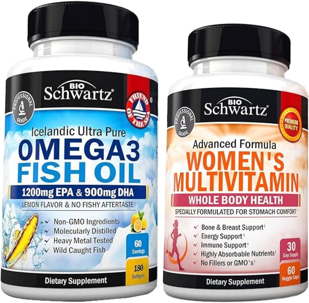 Multivitaminico giornaliero per le donne capsule (1 mese di fornitura) Plus Triple Strength Omega 3 Fish Oil Softgels (2 mesi di fornitura)