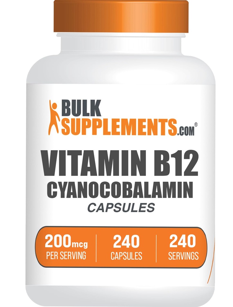 BulkSupplements.com Vitamina B12 Capsule - come Cyanocobalamin, Vitamina B, Vitamina B12 200 mcg - Vitamine Energetiche, Gluten Free, 1 Capsule per Serving, 240 Capsule (Pack of 1)
