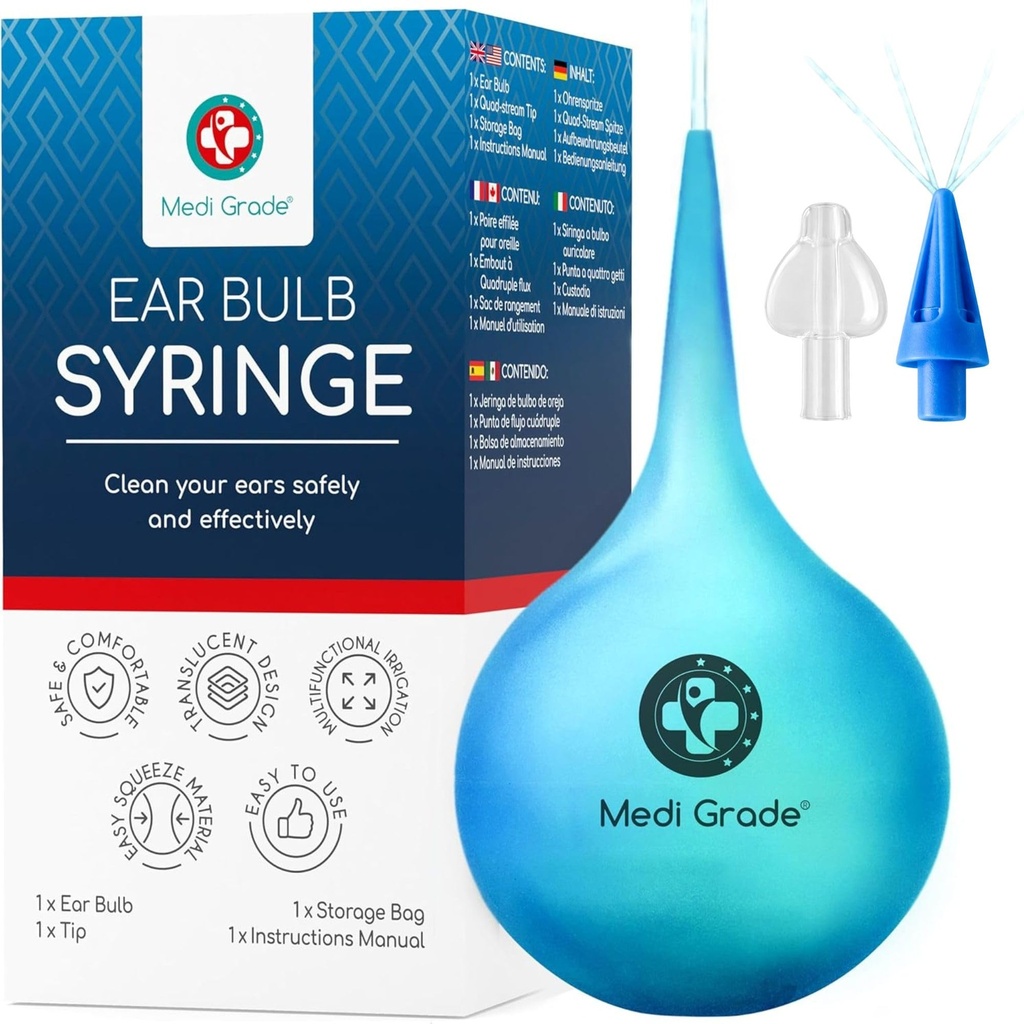 Medi Grade Ear Bulb Syringe - Efficace strumento di rimozione della cera d'orecchio con Add-on Quad-Stream Tip - Travel-Friendly Ear Kit di pulizia per la pulizia dell'orecchio Gentle - Flusher per la cera d'orecchio - 2.54 fl oz