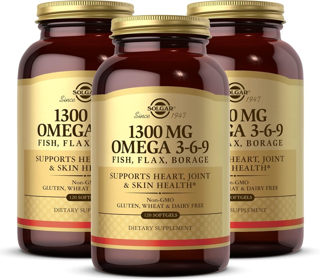 Solgar 1300 mg Omega 3-6-9, 120 Softgels (Pack of 3) - Fish Oil Supplement - Supporto per Joint & Skin Health - Include Flaxseed & Borage - Contiene EPA & DHA Omega 3 acidi grassi - 120 Total Servings