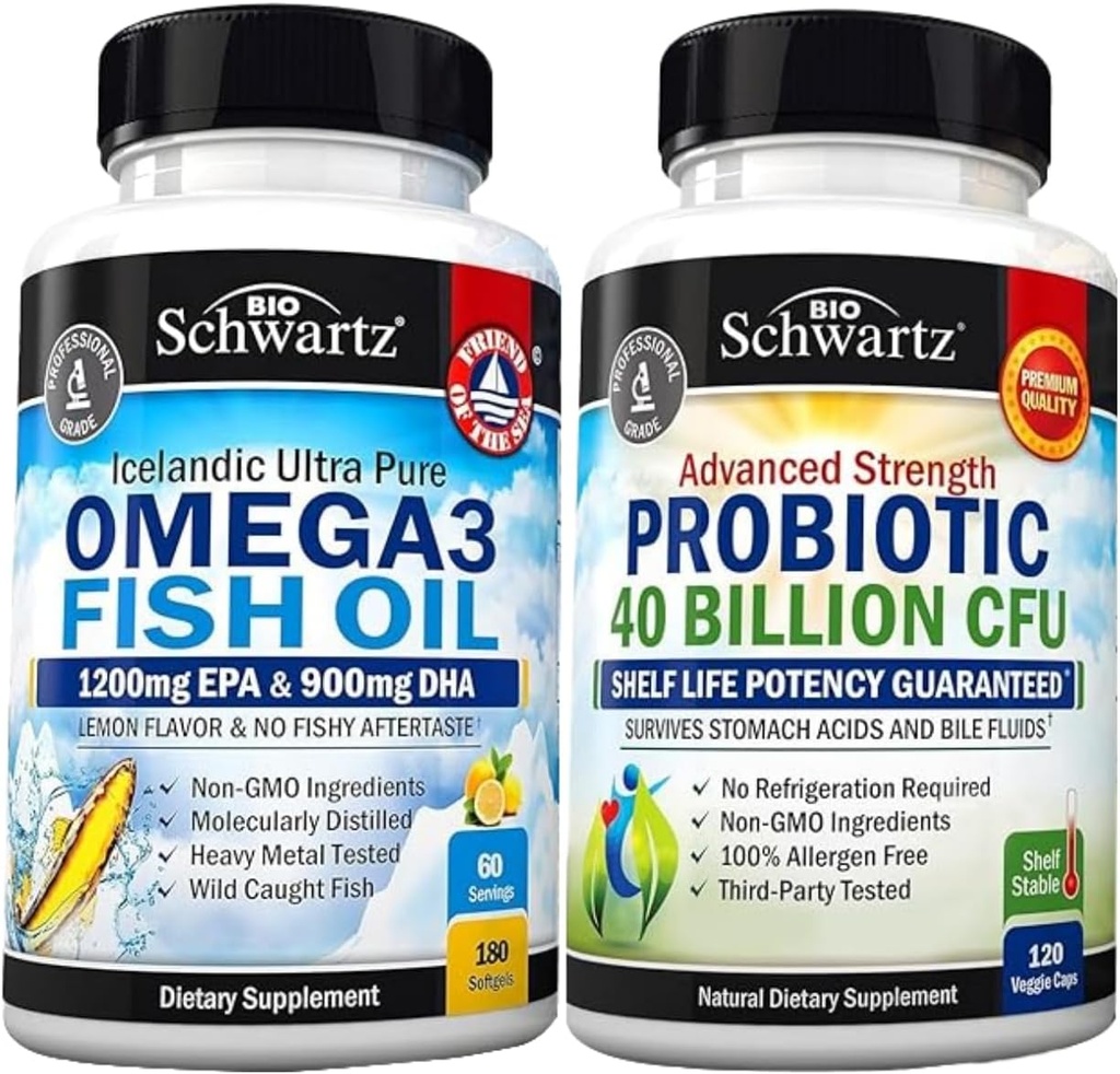 Triple Strength Omega 3 Fish Oil Softgels (2 mesi di fornitura) Plus 40 miliardi CFU Daily Probiotic Supplemento (2 mesi di fornitura)