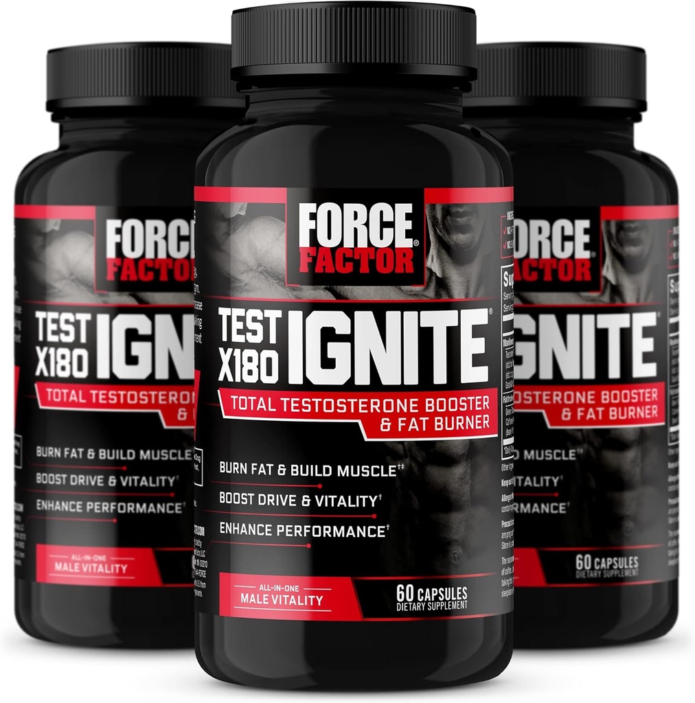 FORCE FACTOR Test X180 Accensione, Testosterone Booster & Fat Burner per gli uomini, supplemento di testosterone per aiutare a costruire il muscolo, aumentare l'energia e aumentare la vitalità e le prestazioni, 60 conteggio (pacchetto di 3)