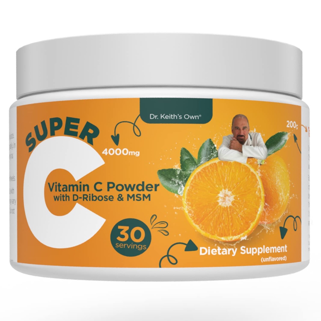 Dr. Keith's Own Super C-High Dose in polvere Vitamina C 4000mg con D-Ribose, Glycine, MSM-Highly Absorbable, Stomach-Friendly, Collagen Boost, Immune Support-Unflavored, 200 Grammi (30 Serve)