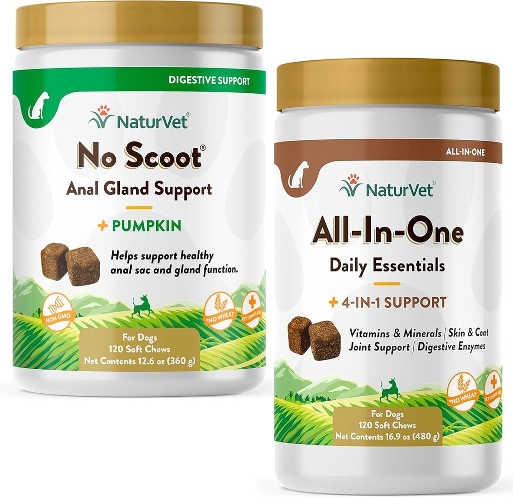 NaturVet All-in-One Dog Supplement - per il supporto congiunto, la digestione, la pelle, la cura dei cappotti – 120 Soft Chews & No Scoot per cani - 120 Soft Chews - Supporta la funzione sana di Gland & Bowel anale