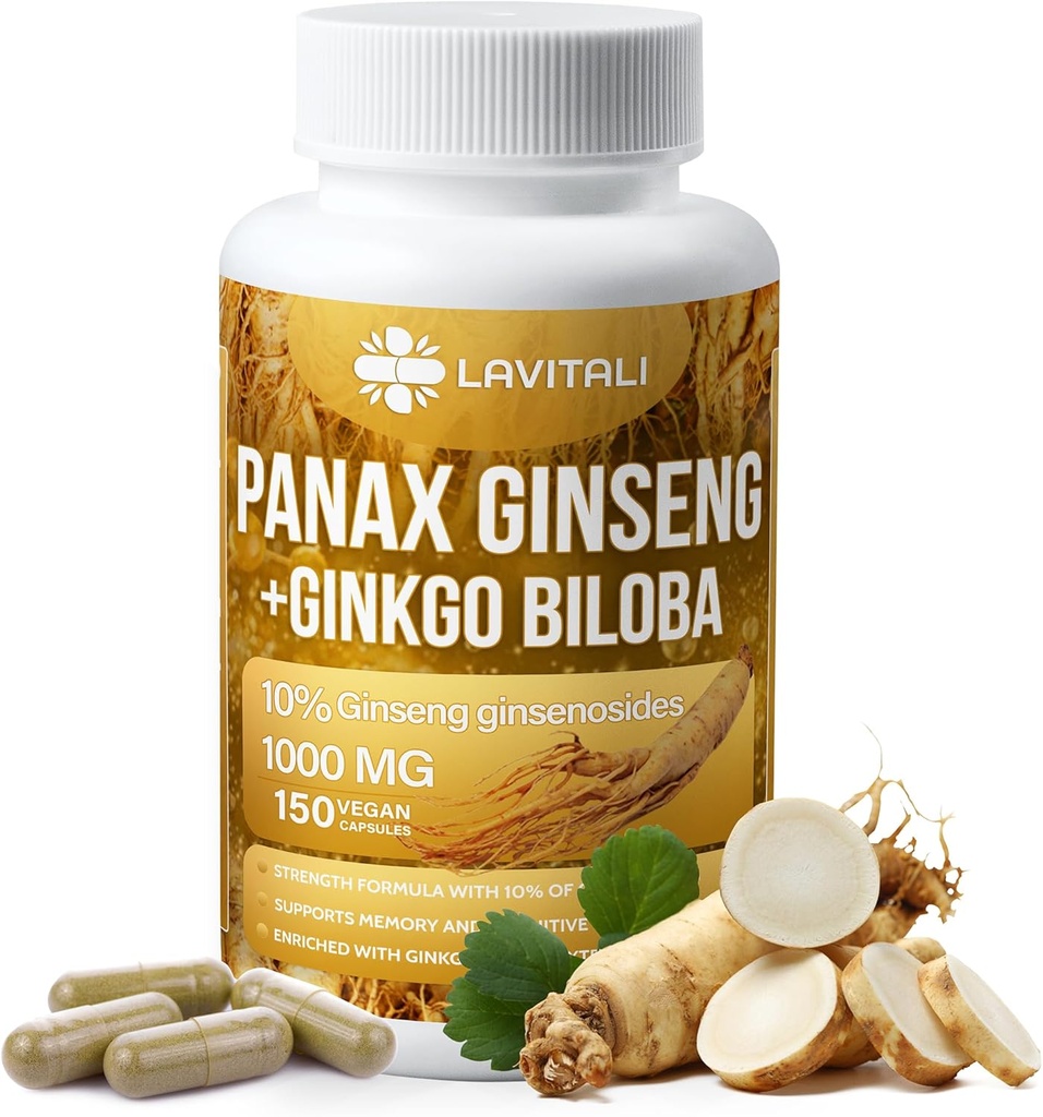 Ginseng & Ginkgo Biloba 150 capsule di verdure, polvere di estratto di radice di Ginseng di energia, con estratto di Ginkgo Biloba, 100% naturale & non OGM, Vegan, senza glutine, latticini gratis