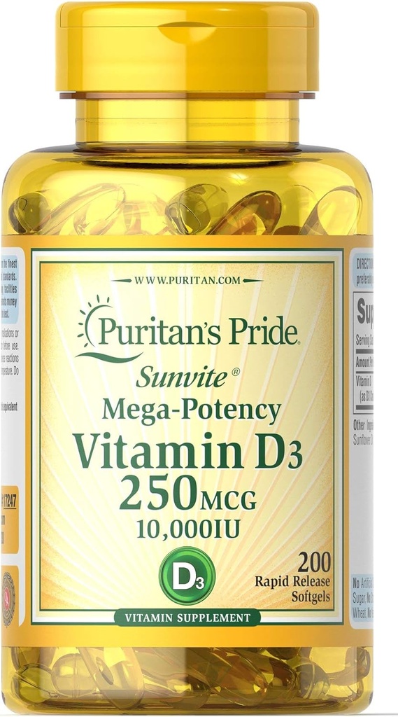 Puritan Pride Vitamin D3 250 mcg (10.000 UI) Softgels, 200 Conte