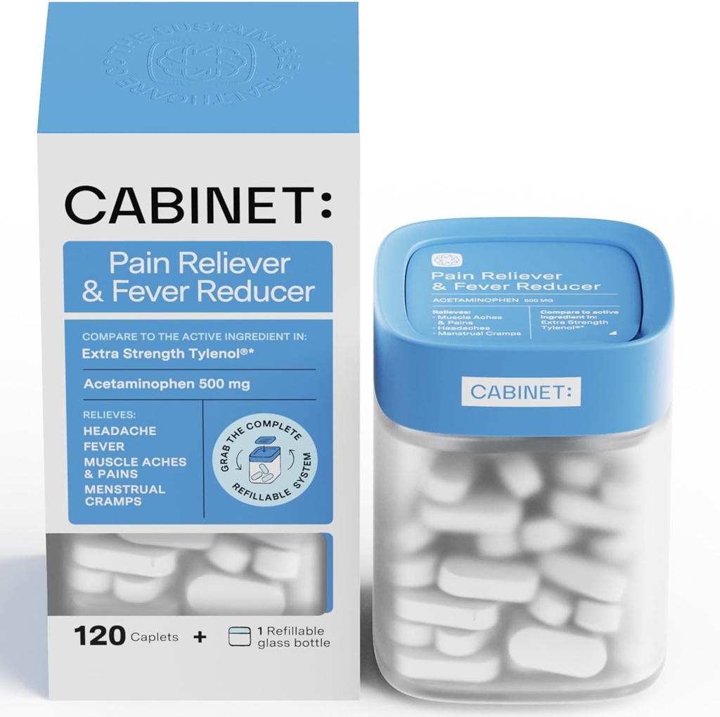 Gabinetto: 500mg Acetaminophen per il sollievo di mal di testa, Toothaches, Sore Throat e Fever Riduttore, Include 1 vaso di medicina ricaricabile, 120 compresse (Kit di avviamento)