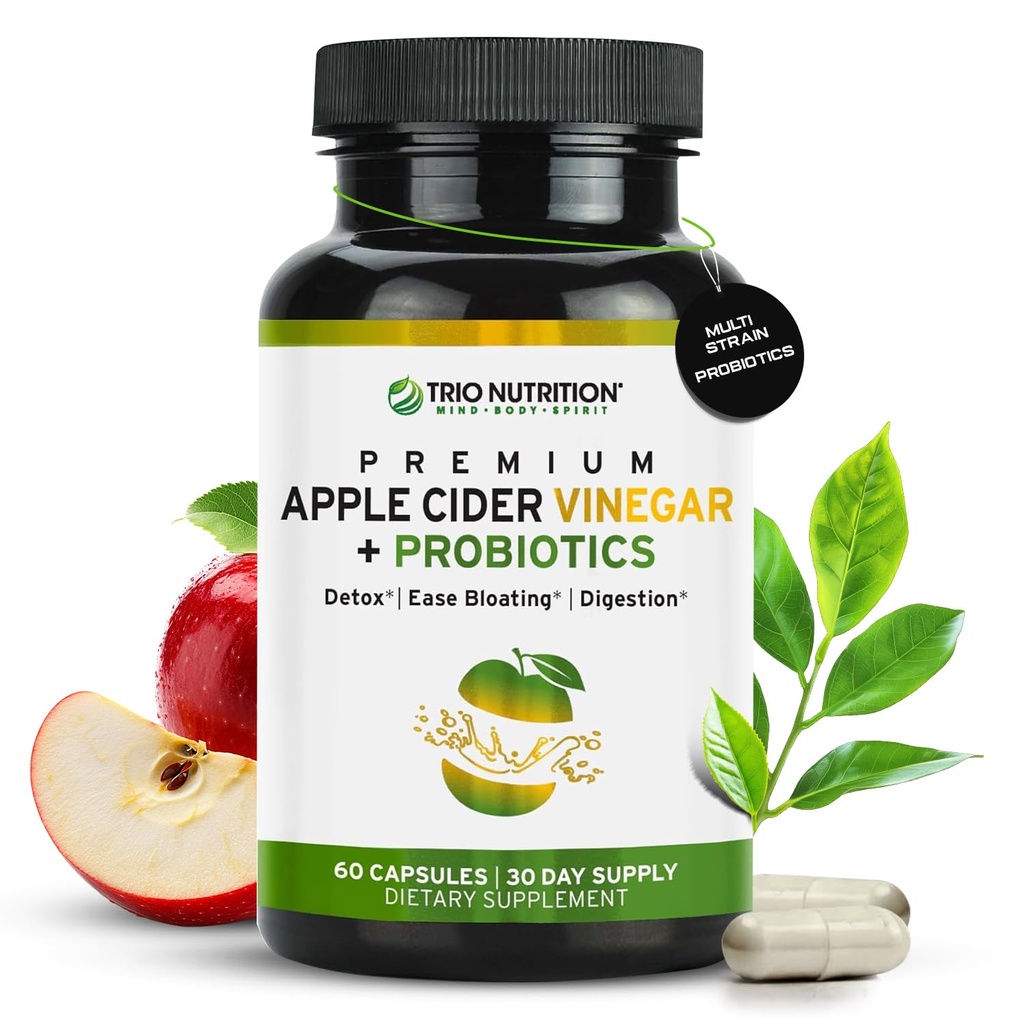 TRIO NUTRITION Capsule di Aceto di Sidro di Mele con Probiotici Multi-Straina - Capsule ACV Natural Sugar Free con La Madre per la Salute Gut, Immunità, Body Cleanse & Healthy pH - Metabolism Booster*