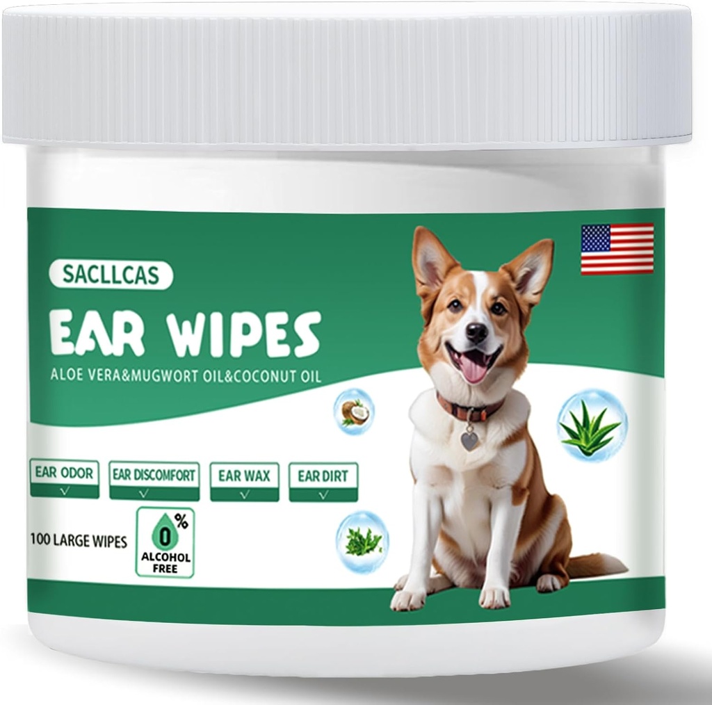 Detergente per cani Wipes 100 Conte, pH delicato bilanciato per la cera d'orecchio, Odor & Itch Relief, Ipoallergenico Alcol-Free con Aloe Vera, Sicuro per le orecchie di cucciolo