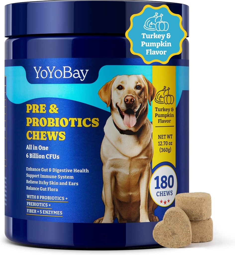 Probiotici per cani - 6 miliardi di CFU, Probiotici per cani con Prebiotici e enzimi digestivi per Gut, Immune & Skin Health - Turchia & Pumpkin Flavor, 180 Soft Chews