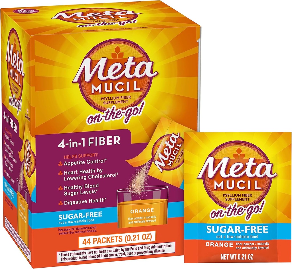 Metamucil On-The-Go, supplemento giornaliero di polvere di Psyllium Husk, polvere senza zucchero, fibra 4-in-1 per la salute digestiva, bevanda aromatizzata arancione, 44 pacchetti